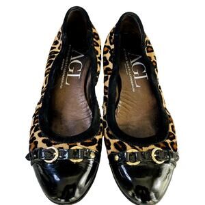AGL Ballet Flats Cap Toe 39.5 Leopard Ponyhair Black Comfort Leather Classic